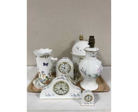 A tray of two Aynsley little sweet heart china table lamps, mantel clock and planter, cottage garden and Pembroke china 