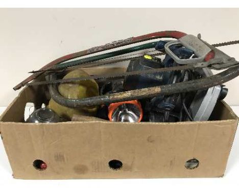 A box containing a wallpaper stripper, together with a cased Perles router, hand tools, hand saws etc