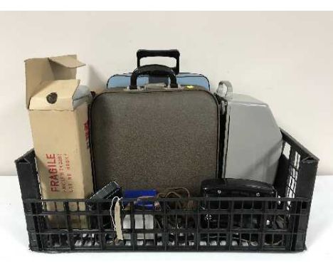 A box of typewriters, camera equipment and a vintage RGD Rapier TV 