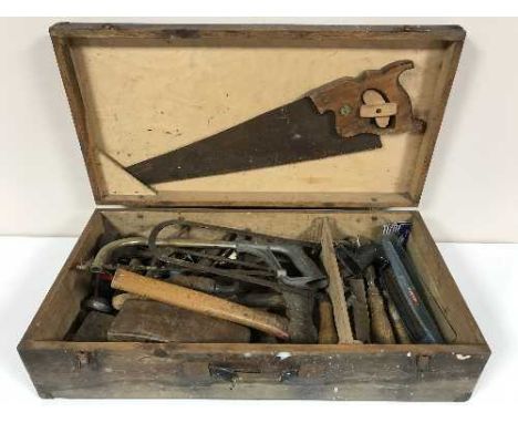 A pine joiner's box containing tools and small folding Viga stool and boxed Lumogaz gas heater 