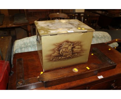A SMALL TIN TRUNK TOGETHER WITH A FENDER