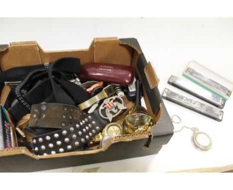 A BOX OF COLLECTABLES TO INCLUDE GENTS WATCHES. HARMONICA. ETC 
