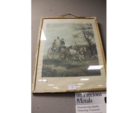 A FRAMED AND GLAZED COLOURED PRINT OF A COACH AND HORSES. TITLED TANDEM BY H ALKEN