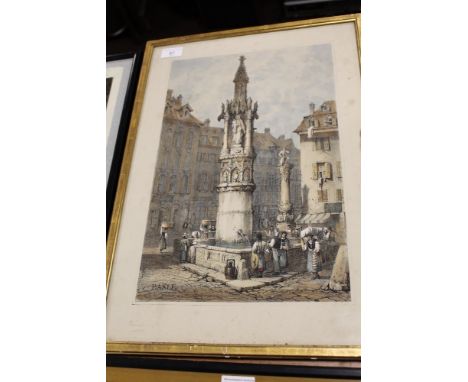 A FRAMED AND GLAZED COLOURED PRINT. THE MONUMENT IN BASLE - 1863