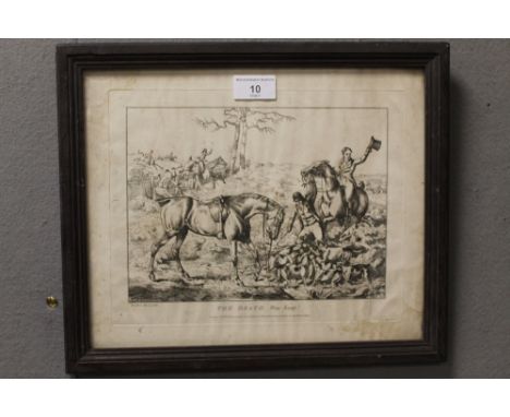 2537 A FRAMED AND GLAZED PRINT OF A HUNTING SCENE TITLED THE DEATH HOOP