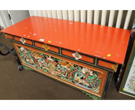 A TIBETAN CARVED MONKS BENCH