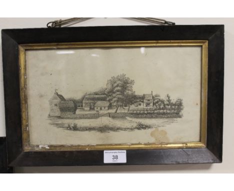 A FRAMED AND GLAZED PRINT OF A FARM STEAD - 1805