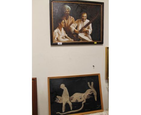 AN OIL ON BOARD OF A INDIAN FAMILY PLAYING AN INSTRUMENT. TOGETHER WITH ANOTHER PAINTING