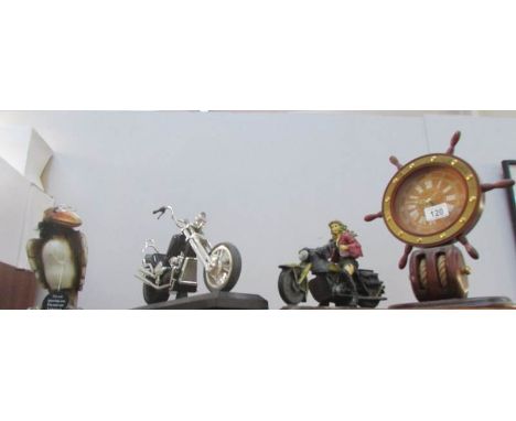 2 motorbike models, ships wheel clock etc.