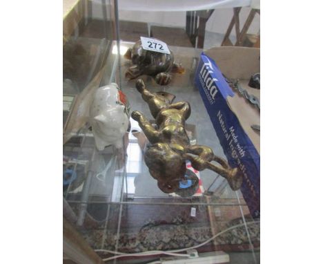 Brass cherub door knocker, crested china cat and tortoise paperweight