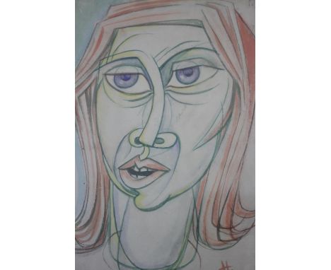 Gertrude Halsband (1917?1981) A framed and glazed watercolour Picasso style self portrait. Monogrammed H. H.50 W.38 cm. 