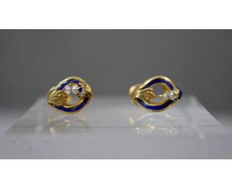 A pair of French 19th century seed pearl and blue enamel 18 carat yellow gold stud earrings. French hallmarks. 2.2g 