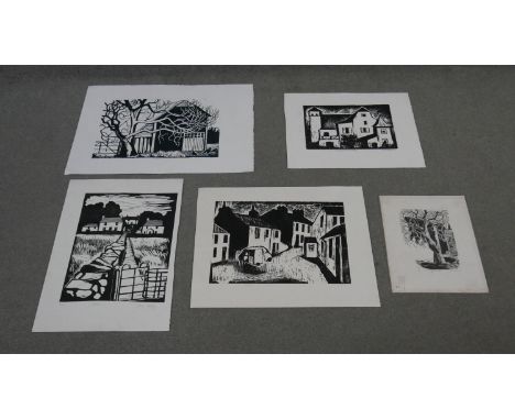 Jane Tuely- Five unframed woodcuts. Four architectural studies and one of a tree, signed by artist. H.46 W.65 cm (largest) 