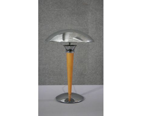 A mid century chrome and lacquered beech UFO design table lamp with chrome domed shade. H.40 Diam.32 cm 