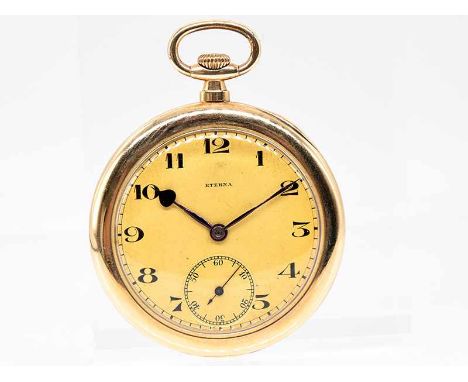   Taschenuhr, Eterna, 1. Hälfte 20. Jh.  Taschenuhr, Eterna, 1. Hälfte 20. Jh.  585/-Gelbgold, Gesamtgewicht ca. 53,4 g. Stau