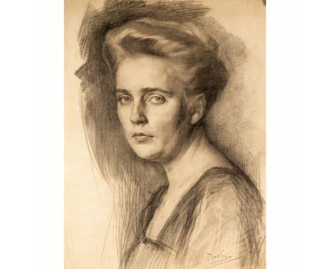 Alfons Maria Mucha (1860-1939)-attributed, Portrait of a lady, black chalk on paper; signed. 51x38cm 