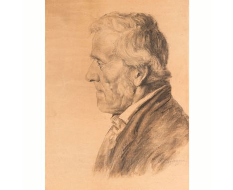 Franz von Defregger (1835-1921) – attributed, portrait of a man looking to the side, black chalk on paper, signed down right.