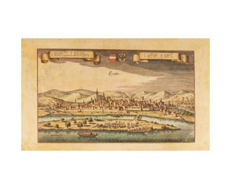 Copper print of Krems – coloured in the print and with numbers and descriptions on paper, laid down on paper. 24x40cm 