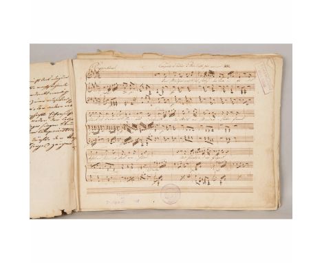 Music manuscript with notes and texture of Beethoven and others, black ink on paper, stamped Wiener Neustädter Musikverein, 2