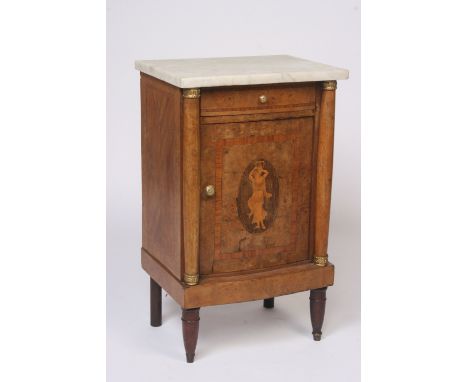 A 19th Century French walnut and satinwood cross-banded marble top bedside cupboard, fitted with a single drawer, the shelf b