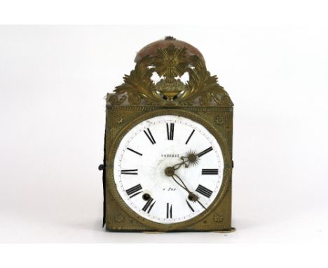 A 19th Century French brass and metal wall clock, circular white enamel Roman numeral dial, inscribed Combret à Pau, 8 day mo