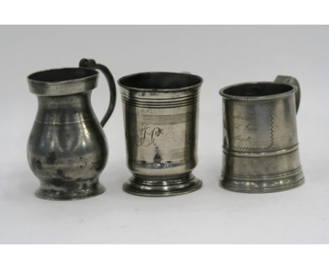 A collection of various pewter tankards and measures, including an example engraved K H Henderson, Pheasant Inn, Chalfont; R 