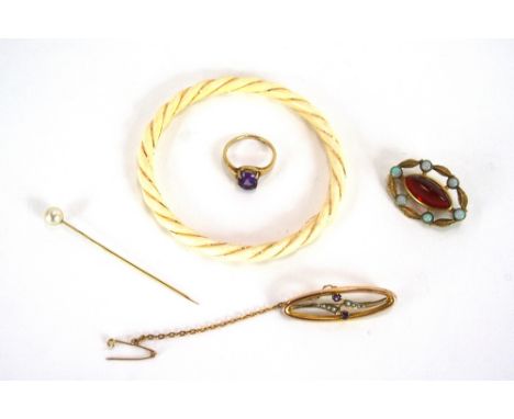 A 9 carat gold brooch, set with amethyst and seed pearls; another set with opals; a 9 carat gold amethyst set ring; a pearl m