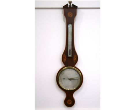A 19th Century mahogany and inlaid banjo shaped barometer/thermometer, surmounted by a broken arch pediment and central brass
