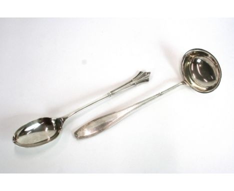 A plated gravy spoon, with Albany pattern handle; and a plated soup ladle with thread and ribbon decorated handle, (2)