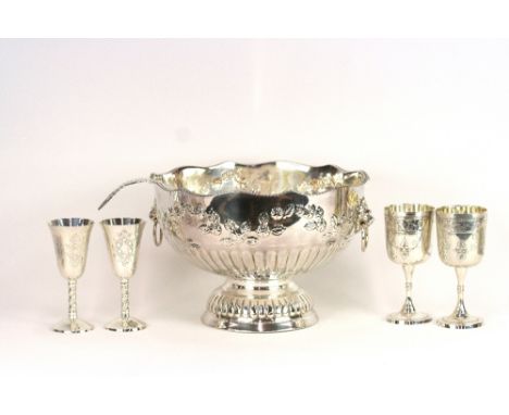 A plated punch bowl and ladle; a set of six foliate etched goblets on twist stems; and four larger goblets, (12)