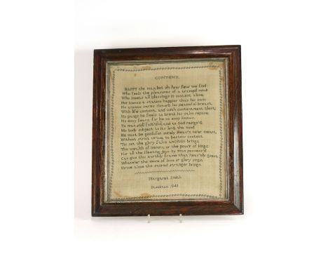 A 19th Century sampler, worked by Margaret Smith, Stockton 1843, 37.5cm x 31cm, contained in a faux rosewood frame  