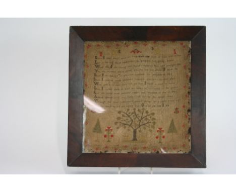 A 19th Century sampler, with verse, flowers and animals contained in a figured mahogany frame, 31cm x 29.5cm