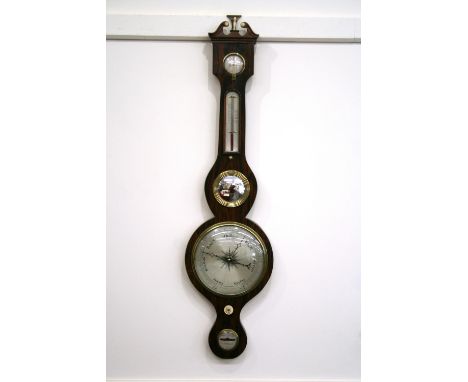 A 19th Century rosewood cased banjo barometer/thermometer, having silvered dials and central convex mirror, broken arch pedim