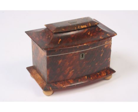 A Regency tortoise shell two compartment tea caddy, of bow fronted form having ivory outlines and bun feet, 18cm long