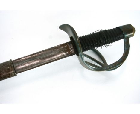 A sword, with brass barred hilt, straight blade 95cm long with steel scabbard, (grip wire broken and light pitting)