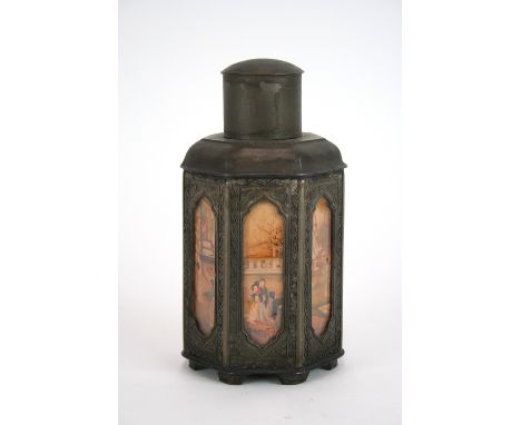 A Chinese pewter tea caddy, of octagonal form, having decorated panels and seal mark to base, 18cm high