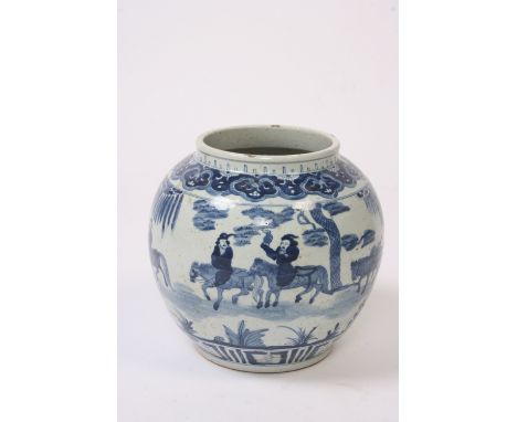 An Antique Chinese blue and white baluster vase, decorated with hunting scenes, flowers and clouds, 30cm high x 28cm dia. ove