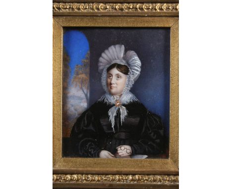 19th Century English school, miniature portrait study of a seated lady by a window wearing lace bonnet and mourning dress, 15