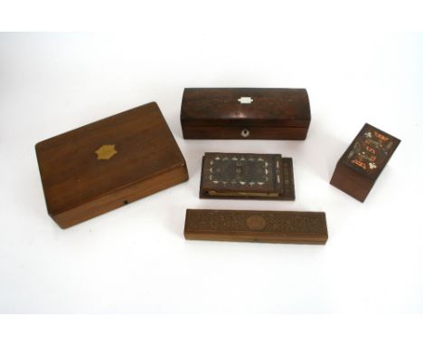 A Victorian rosewood trinket box, the hinged domed lid with mother of pearl cartouche; an Indian carved hardwood box; an inla