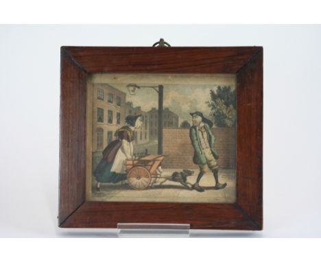 A 19th Century humorous print, of a man being pursued by a woman with dog a cart, contained in a rosewood frame 