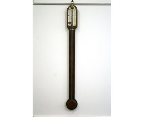 A mahogany cased stick barometer, by Agnew & Zanetti, with ivory scale and turned reservoir cover, 90cm high