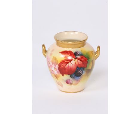 A Royal Worcester baluster posy vase, decorated blackberries and leaves by Kitty Blake on a blush ivory ground, 8cm high