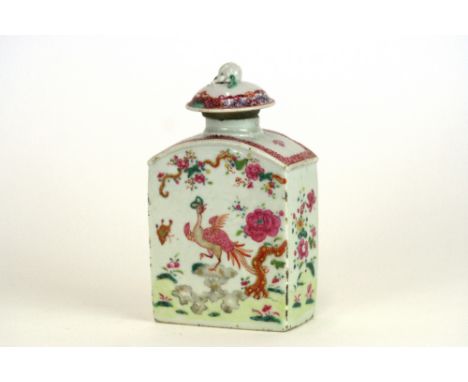 An 18th Century Chinese famille rose tea caddy, the domed lid decorated with a fruit finial, decoration of exotic birds and i