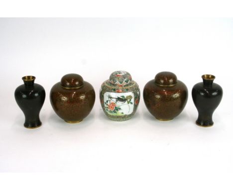 A pair of cloisonne baluster vases, 16cm high; a pair of cloisonne ginger jars and covers, 14cm high; and a famille rose deco