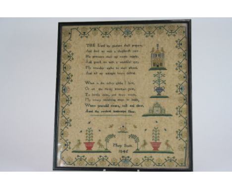 A 19th Century sampler, worked by Mary Scott 1845, with verses , flowers, birds and symbols, 28.5cm x 33.5cm