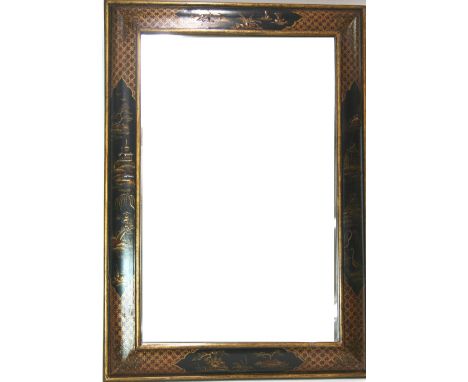 A chinoiserie decorated cushion frame wall mirror, having bevelled plate, 90cm x 61cm overall