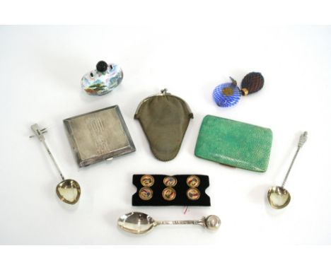 A box of various items, including an Art Deco silver compact, shagreen decorated cigarette case, six Essex style buttons, per