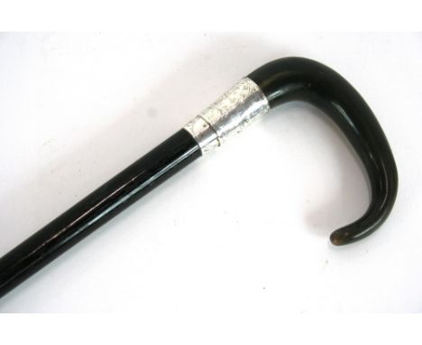 A silver mounted horn handled walking stick, Birmingham 1908