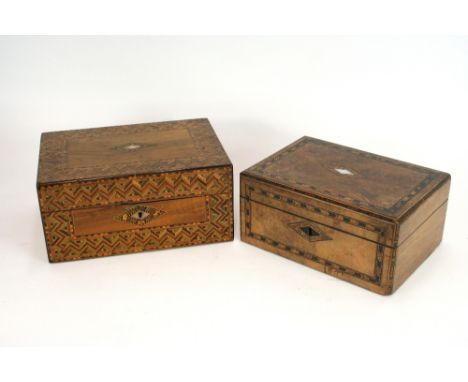 A Victorian burr walnut Tunbridge style inlaid trinket box, with mother of pearl cartouche; and another similar (2)