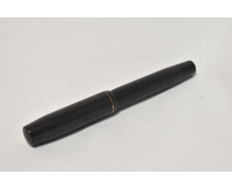 A Mentmore Auto-Flow button fill fountain pen in black with engine turn design single narrow band to the cap having Mentmore 